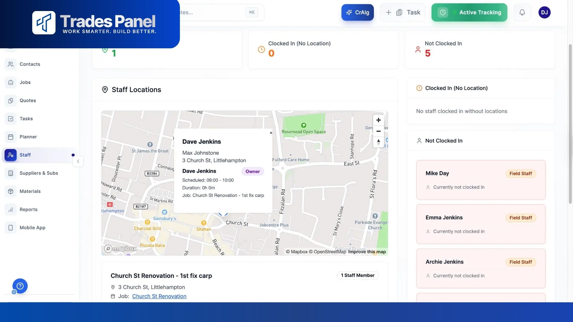 Staff locations view in Trades Panel showing clock‑in verification at job sites only