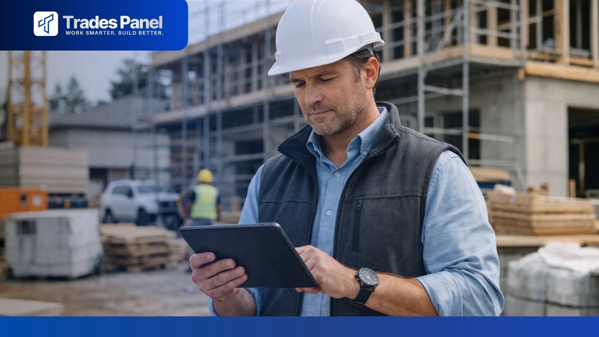 Construction business owner using organised systems to manage jobs and operations on site