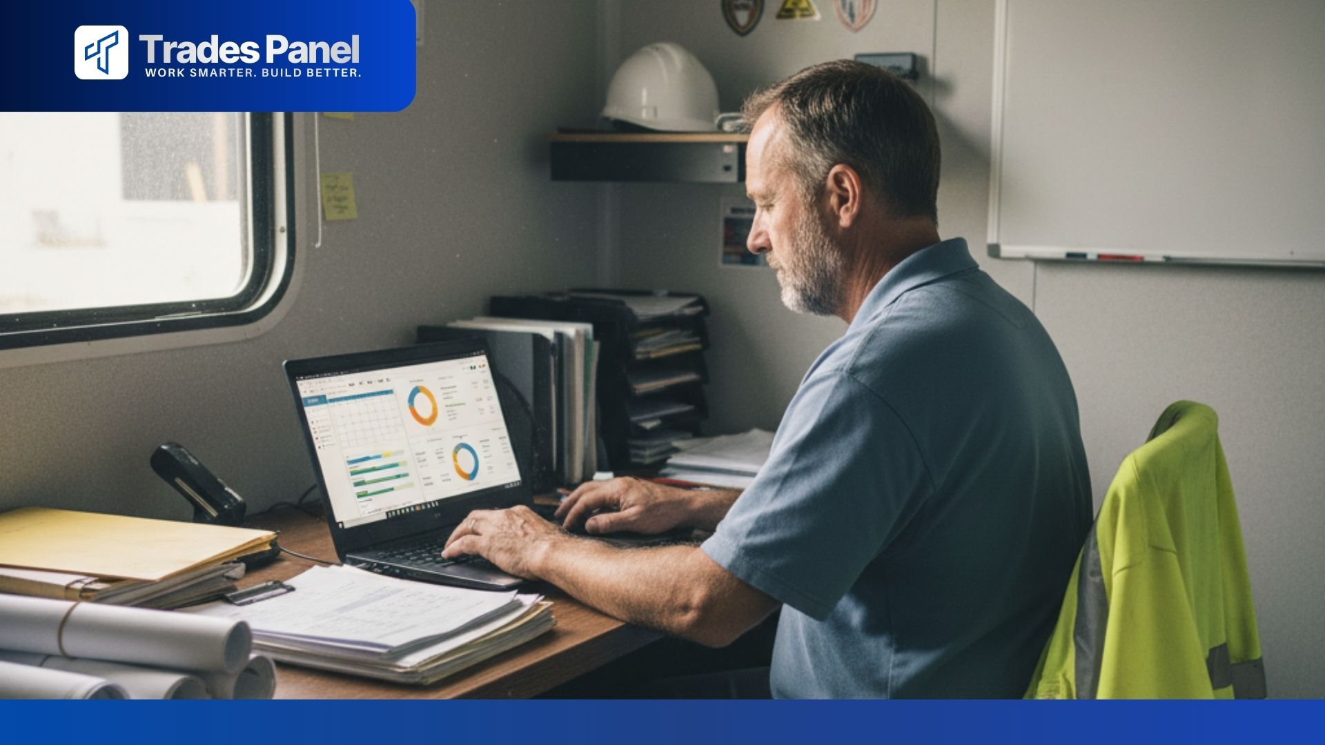 Construction business owner reviewing job scheduling and financial dashboard in organised site office