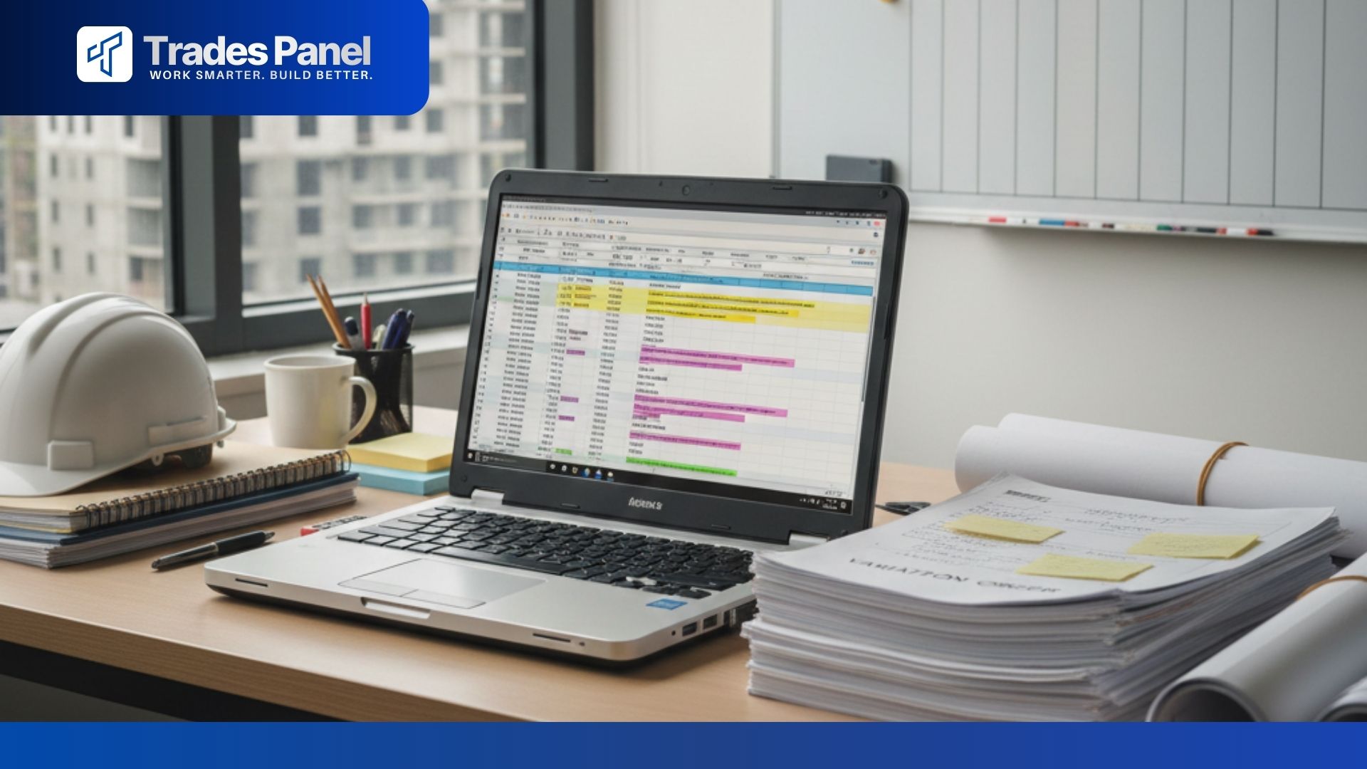 Construction project scheduling and variation management documents displayed in organised site office workspace