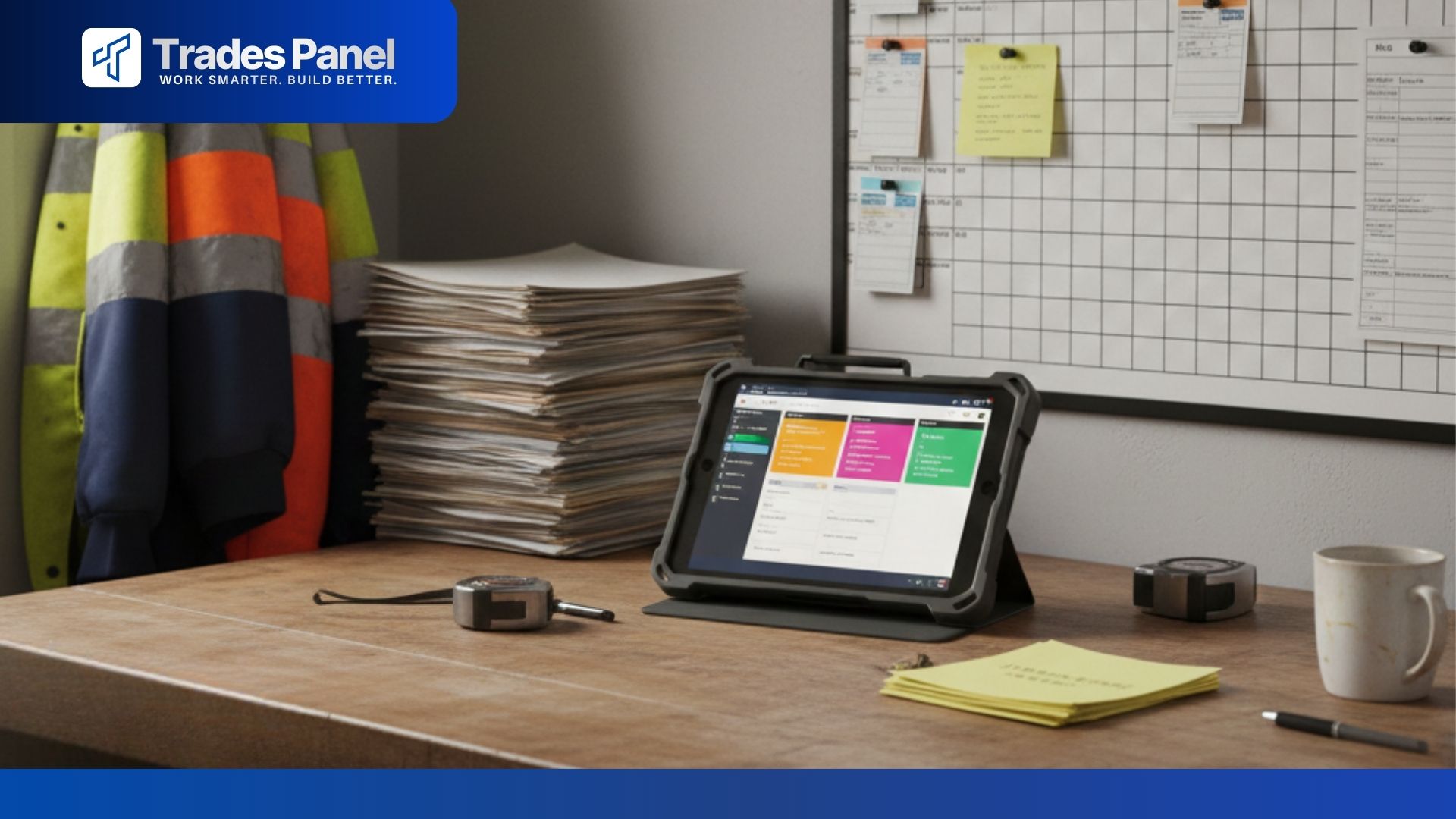 Organised trade business office workspace with job management software, schedules, and invoicing documents displayed neatly