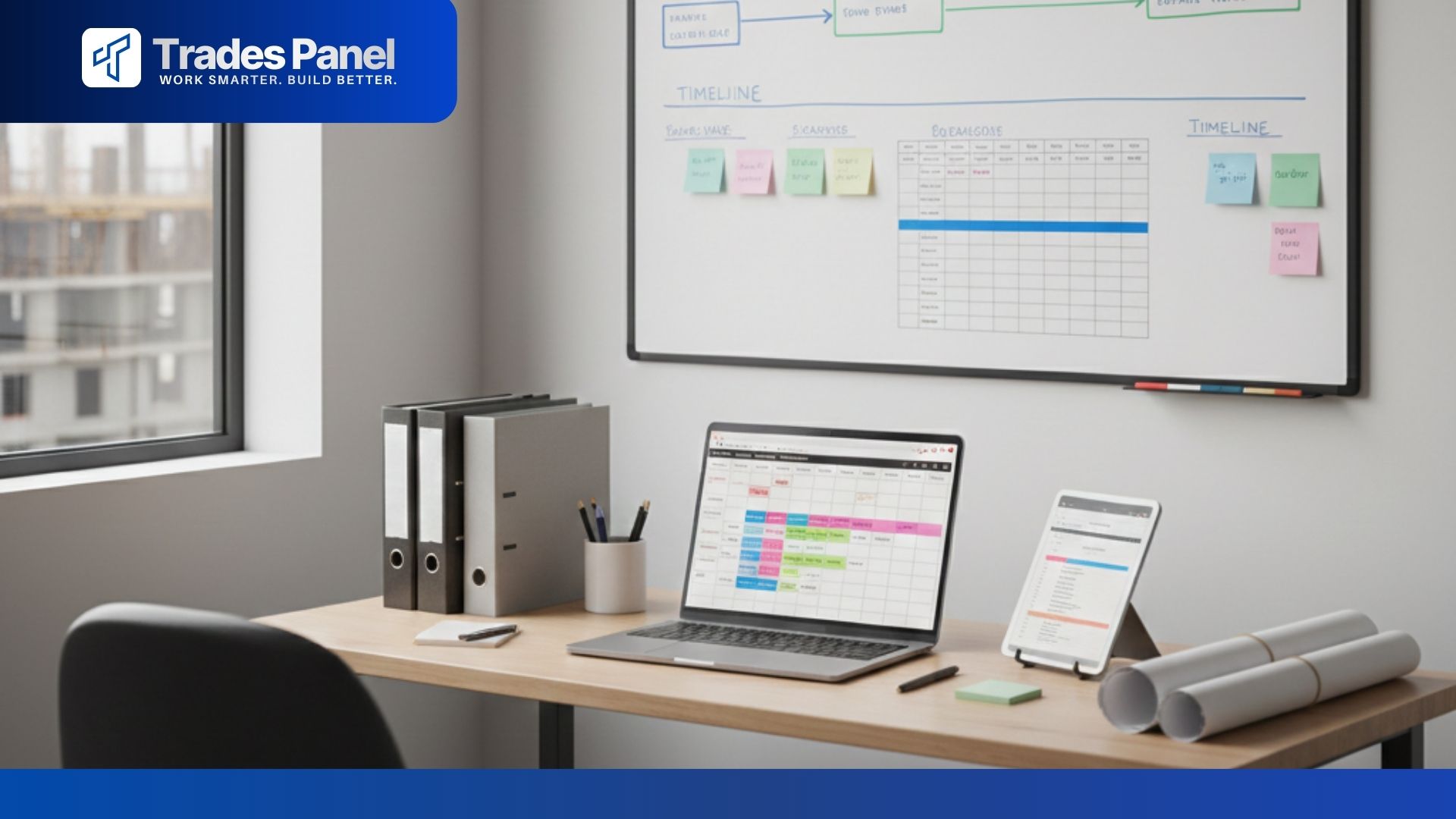 Construction office desk with admin automation dashboard showing job scheduling, invoicing and margin tracking